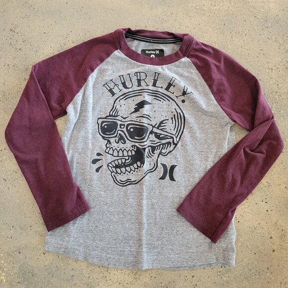 Boys Hurley SIZE 6 colorblock burgundy and grey SKULL shirt - GUC - Picture 1 of 4